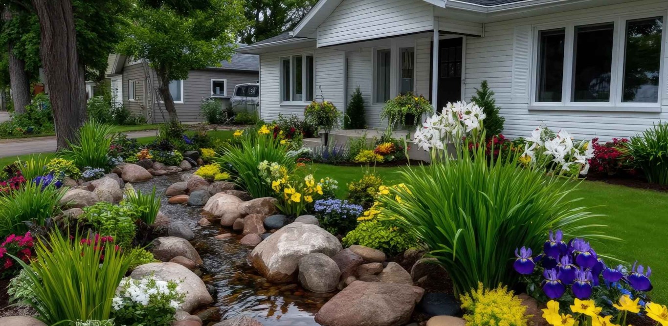 Beautiful landscaping with decorative rock water feature in El Centro, CA